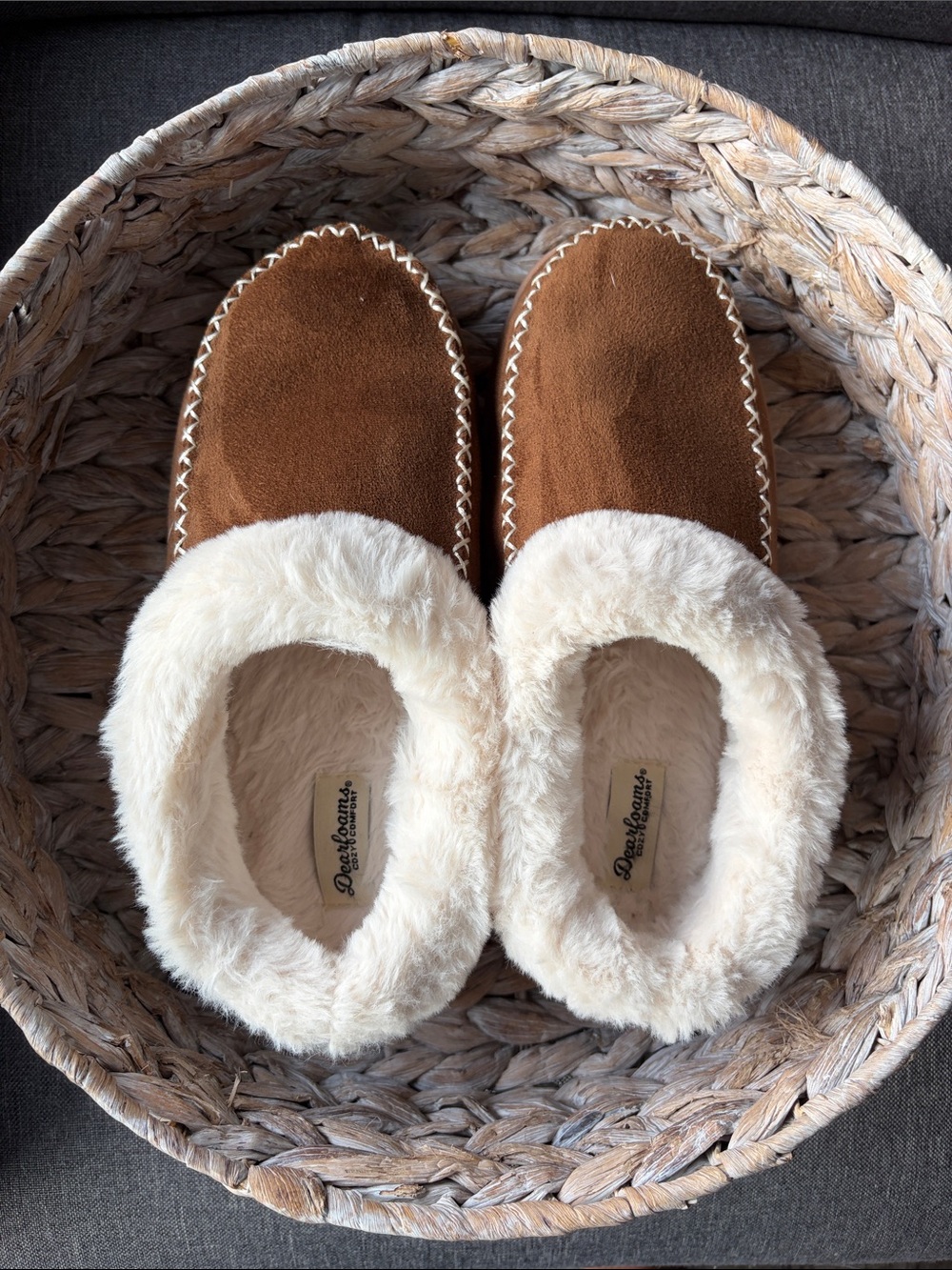 Dearforms  Brown Suede Moccasin Slippers with Cream Faux-Fur Lining